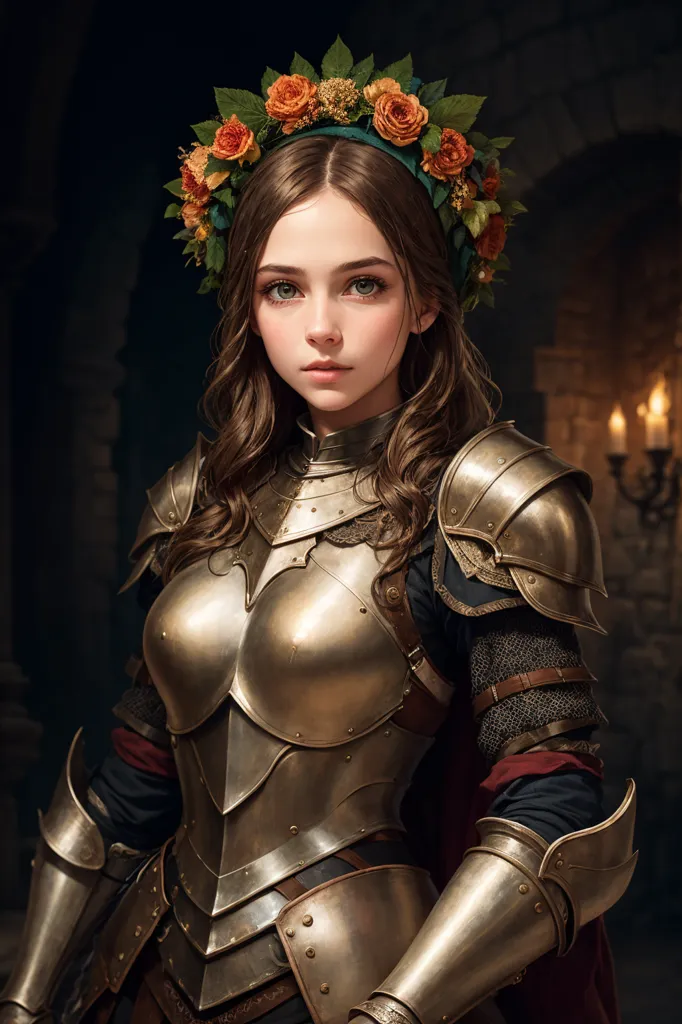 Esta es una imagen de una mujer joven con armadura medieval. Lleva una coraza, hombreras y un casco. Tiene una espada en la mano derecha y un escudo en la izquierda. Está de pie en una habitación oscura, con una pared de piedra detrás de ella. Hay dos velas en la pared detrás de ella. Tiene una corona de flores en la cabeza.