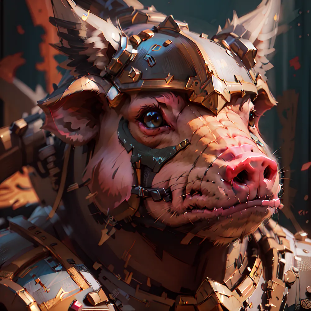 The image is a portrait of a humanoid pig wearing a helmet. The pig has light pink skin and dark brown eyes. It is wearing a metal helmet with a golden visor. The helmet is decorated with rivets and spikes. The pig's ears are pierced with metal rings. It is also wearing a brown leather collar with a metal buckle. The background is dark and out of focus.