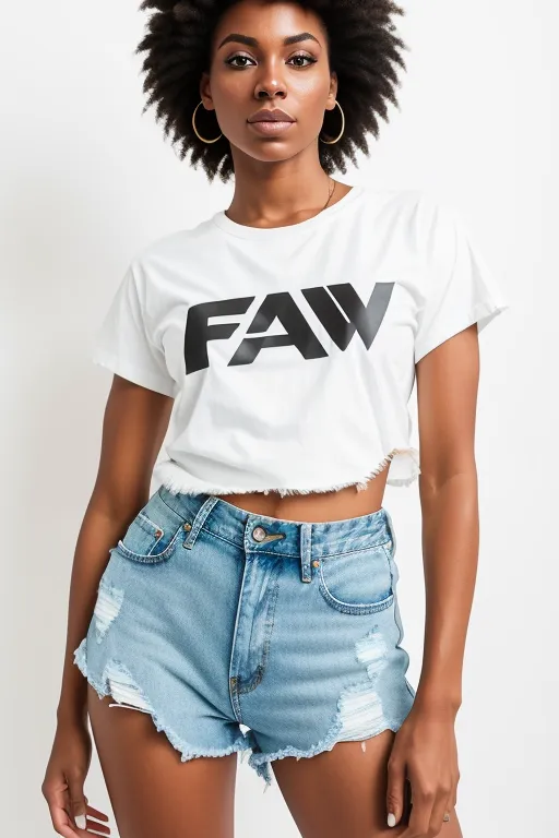 Esta imagen muestra a una mujer joven que lleva una camiseta blanca corta con las letras "FAW" en negro en la parte delantera. La camiseta está recortada por encima de la cintura y tiene un dobladillo crudo. También lleva pantalones cortos de mezclilla azul claro que están desgastados en el dobladillo. Los pantalones cortos son de talle alto y tienen un ajuste relajado. Lleva pendientes de aro dorados y tiene el cabello peinado en un afro. Está de pie con los pies a la altura de los hombros y las manos en las caderas. Mira a la cámara con una expresión seria.