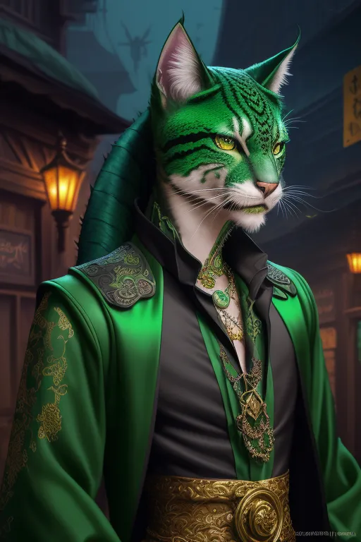 The image shows a green cat wearing a green and black outfit. The cat has yellow eyes and is looking at the viewer with a serious expression. It is standing in a dark room with a lantern in the background. The cat is wearing a golden necklace and a golden belt.