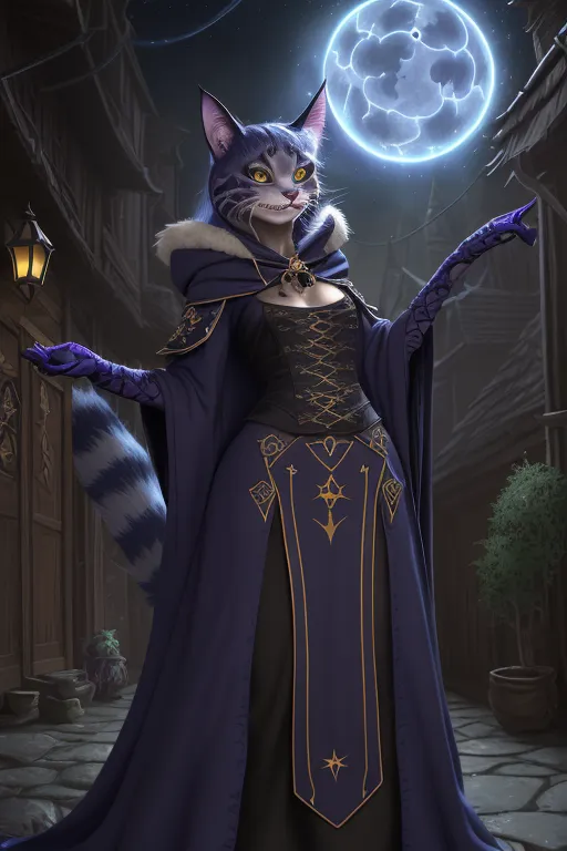 This is an image of a cat wearing a purple and blue robe with a white cravat. The cat is standing on a stone street in a medieval town. There is a full moon in the sky, and the cat is looking at it with its left hand raised. The cat has a confident expression on its face.