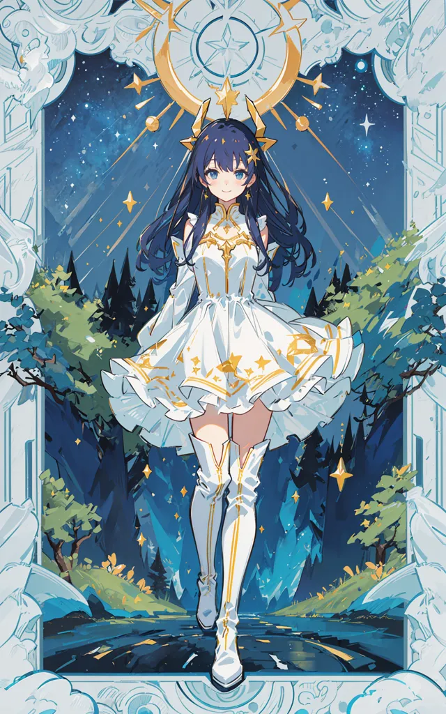 The image is of an anime girl with long blue hair and purple eyes. She is wearing a white dress with gold stars on it. She is also wearing white boots and a gold crown. She is standing in a forest, surrounded by trees and flowers. There is a blue river running through the forest. The sky is dark blue and there are many stars in the sky. The girl is smiling and looks happy.