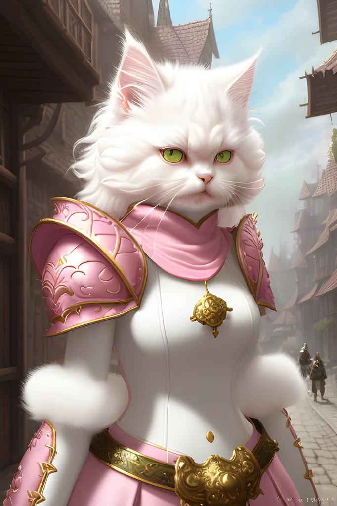 Ceci est une image d'un chat blanc portant une armure. Le chat se tient sur une rue de pierre dans une ville médiévale. Le chat porte une tenue rose et blanche avec des bordures dorées. Le chat a des yeux verts et un nez rose. Le chat regarde le spectateur avec une expression sérieuse.