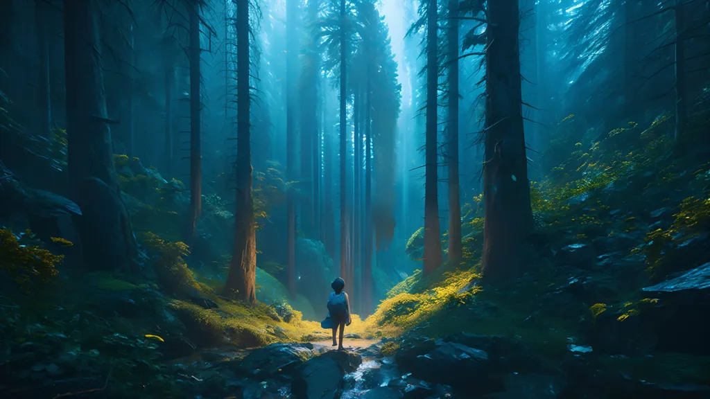 The image is a digital painting of a forest. The forest is made up of tall, straight trees with dark green leaves. The trees are so tall that they block out the sun, and the forest is dark and gloomy. The only light comes from a few small rays of sunlight that shine through the trees. The forest floor is covered in a thick layer of moss, and there are a few small rocks and boulders scattered around. There is a small stream running through the forest, and a young boy is standing in the stream. The boy is wearing a blue shirt and shorts, and he has a backpack on his back. He is looking up at the trees, and he seems to be lost in thought. The image is very peaceful and serene, and it captures the beauty of the natural world.