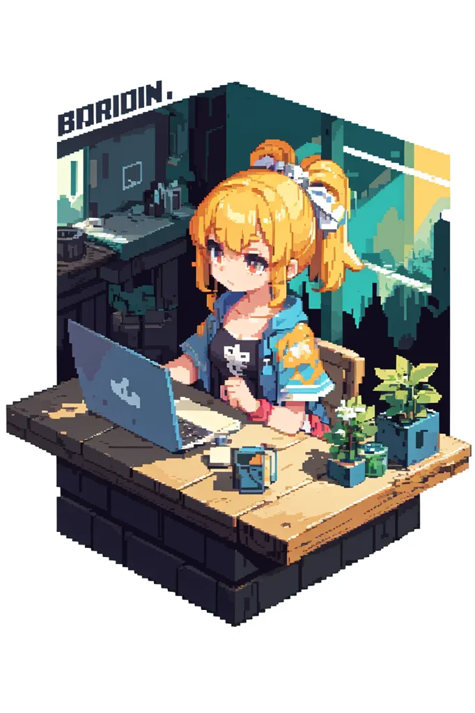 A imagem é de uma menina sentada em uma mesa, trabalhando em seu laptop. Ela tem cabelos loiros e olhos azuis, e está usando uma camisa azul e shorts pretos. A mesa é de madeira e há algumas plantas e uma xícara sobre ela. O fundo é uma paisagem urbana, com edifícios altos e um rio correndo através dele. A imagem é feita em um estilo de arte de pixel.