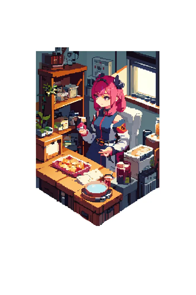 La imagen muestra una chica de anime pixelada en una cocina futurista. Tiene el cabello rosa y lleva una camisa blanca. Está de pie frente a un mostrador que tiene varios objetos sobre él, incluyendo una pizza, un tazón y una tostadora. Hay una ventana a su derecha y un estante a su izquierda.