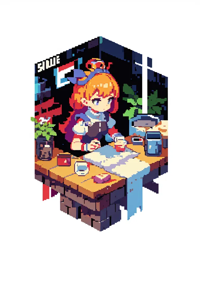 The image is of a girl sitting at a desk in a pixelated art style. The girl has orange hair and is wearing a blue and white outfit. She is sitting on a stool at a wooden desk. On the desk is a potted plant, a book, a cup and a small cassette player. There is a window behind her with a city skyline.