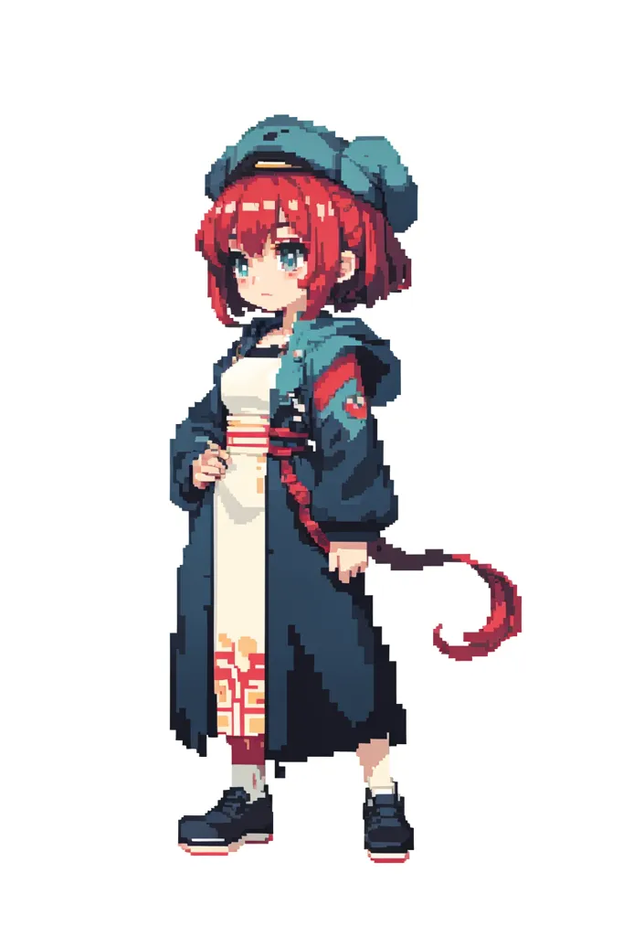 The image is a pixelated illustration of a young woman. She has red hair and blue eyes, and is wearing a blue hat, a white shirt, and a long blue coat. She is also wearing a red scarf and a pair of black shoes. She has a ponytail and is looking at the viewer with a neutral expression.