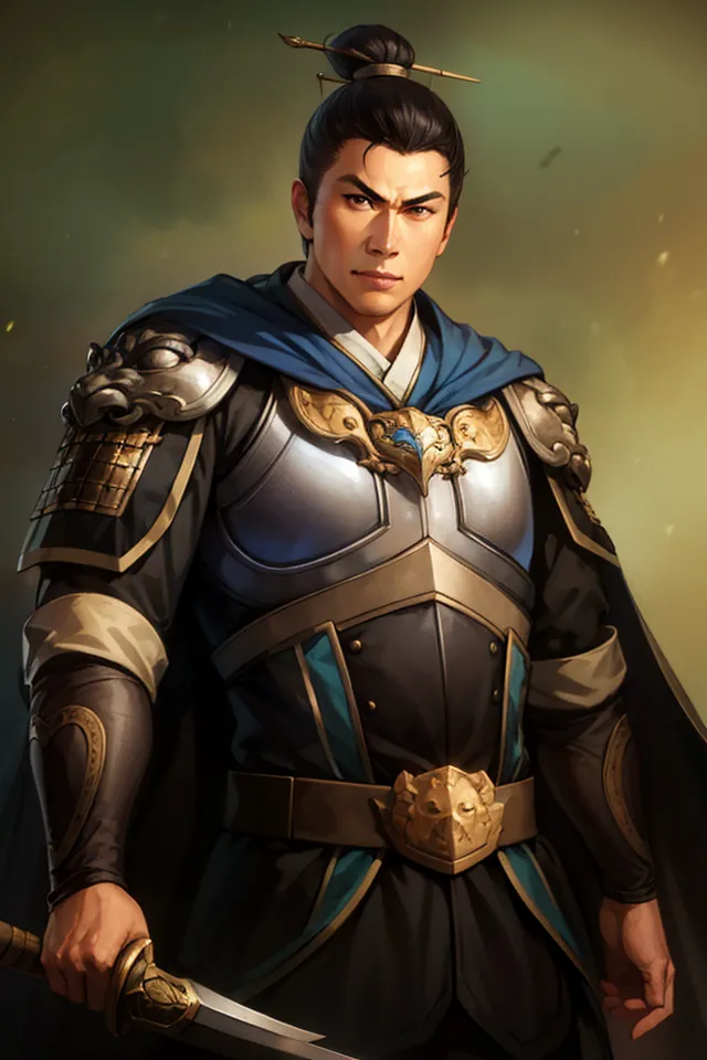 The image shows a young man in ancient Chinese armor. He has a confident expression on his face and is looking at the viewer. He is wearing a blue cape and silver and gold armor. He has a sword in his right hand. His hair is black and pulled back in a bun. He has a small scar on his right cheek.