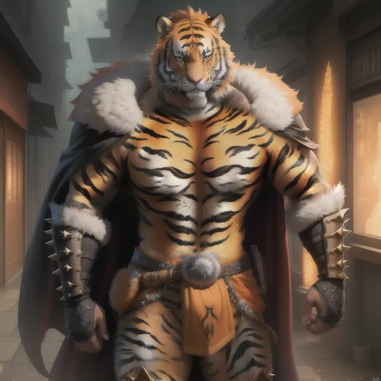 A imagem é de um tigre antropomórfico musculoso usando uma capa de pele e um tapa-sexo. Ele tem uma carranca no rosto e olha para o espectador com seus olhos amarelos penetrantes. Ele está em um beco escuro, iluminado por algumas lanternas. O tigre está segurando uma grande espada em sua mão direita. Ele também está usando um par de manoplas com espinhos e um cinto com uma fivela grande. O pelo do tigre é laranja e preto, e ele tem uma juba branca. Ele é muito alto, e seus músculos estão saltando. A imagem é muito realista, e o tigre parece que pode ganhar vida a qualquer momento.