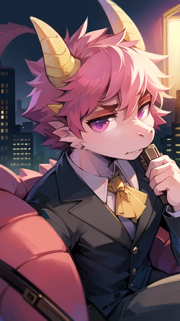 The image is a portrait of a humanoid dragon. The dragon has pink hair and purple eyes, and is wearing a dark suit and tie. The dragon is sitting in a chair and has one hand resting on its chin. The background of the image is a cityscape at night.