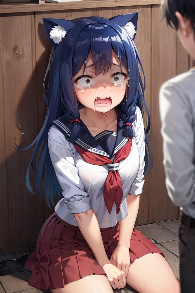 The image depicts a young girl with cat ears and blue hair. She is crying and kneeling on the ground. She is wearing a white shirt with a red tie and a pleated skirt. The girl's hands are covering her face. There is a person standing in front of her, but we can't see their face. The background is a wooden wall.