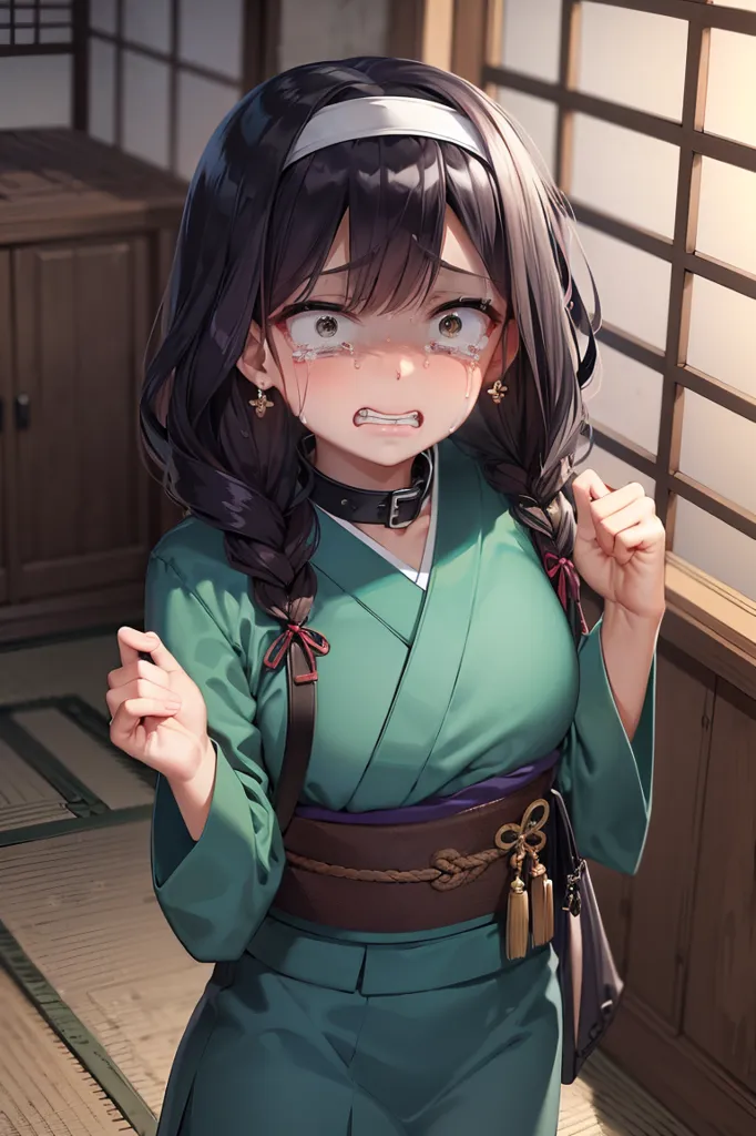 The image is of a young woman in a green kimono with black and teal accents. She has long black hair tied back in twin braids and is wearing a white headband. She is crying and has her hands balled into fists at her chest. The background is of a traditional Japanese house with wooden walls and tatami mats on the floor.