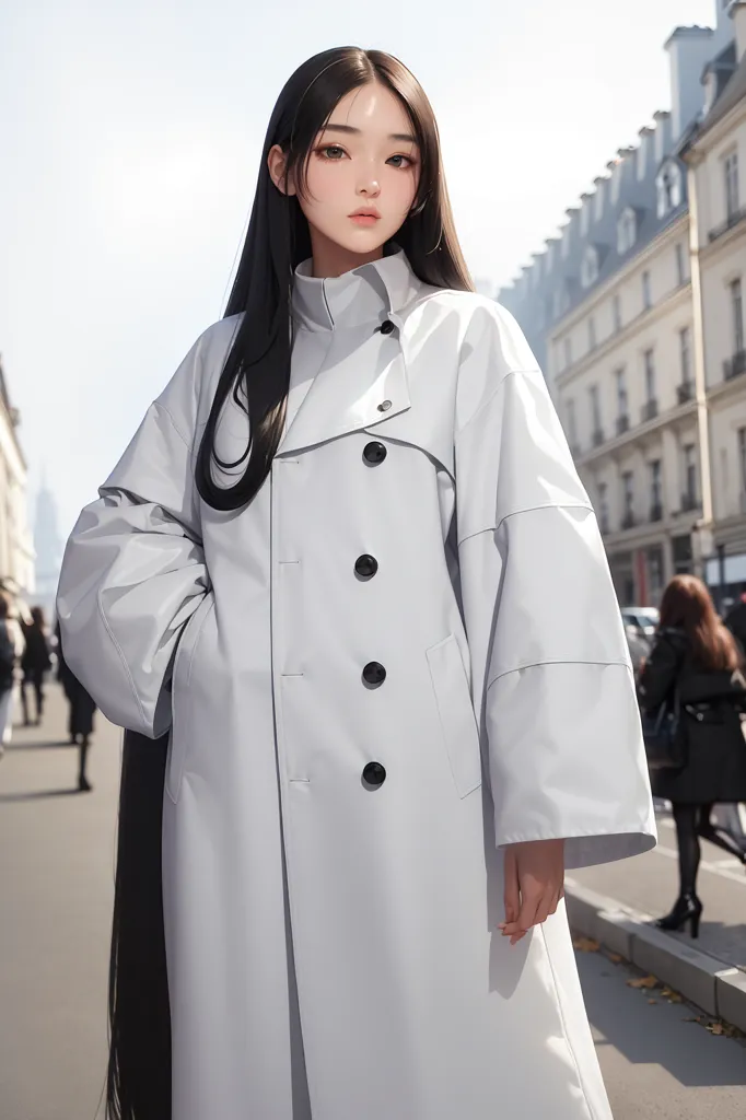 La imagen es una pintura digital de una mujer joven con el cabello negro y largo. Lleva un abrigo blanco con grandes botones negros. El abrigo tiene un cuello y puños sobredimensionados. La mujer está de pie en una calle de la ciudad con edificios al fondo. Hay gente caminando por la calle detrás de ella. La mujer tiene una expresión neutra en el rostro.