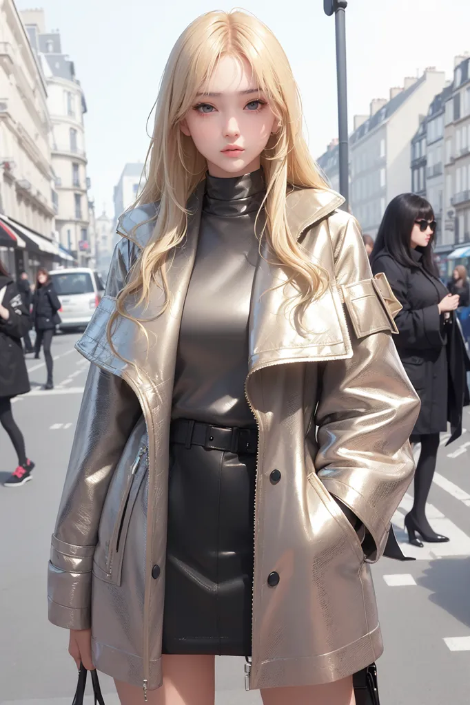 The image shows a young woman, with long blond hair and blue eyes, wearing a stylish outfit. She is wearing a silver trench coat, with a black turtleneck sweater underneath. She is also wearing a black leather skirt and black boots. She has a black handbag in her right hand. She is standing on a city street, with buildings in the background. There are people walking on the street.