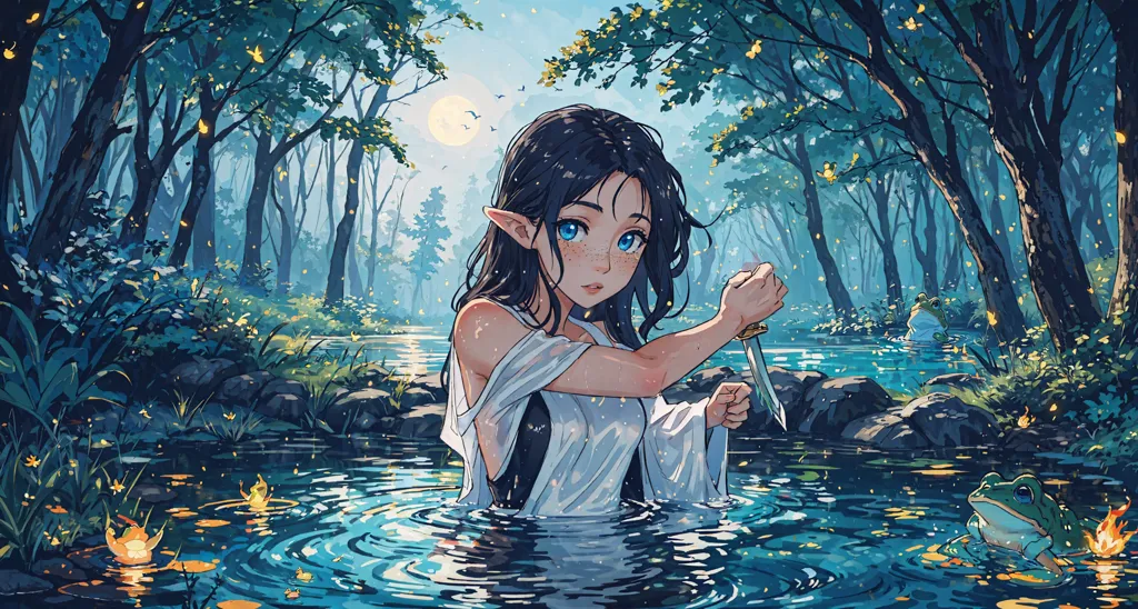 This image is of a beautiful, young, elven woman standing in a river and holding a knife. She is wearing a white dress and has long, dark hair. The background is a forest with green trees and a blue sky with two moons. There is a frog sitting on a lily pad in the foreground.