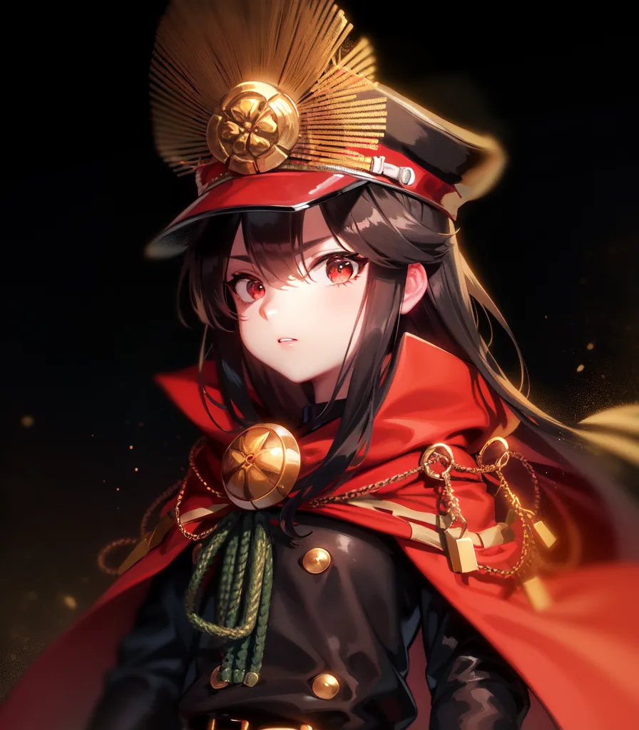 Cette image montre une jeune fille aux longs cheveux noirs et aux yeux rouges. Elle porte une casquette militaire rouge avec une bordure dorée et un long manteau rouge avec des bordures dorées. La casquette a un bouton doré et la fille a une expression sérieuse sur le visage. Elle regarde le spectateur avec ses yeux rouges.