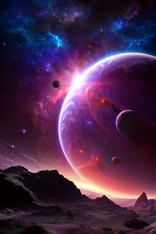 A imagem está ambientada no espaço sideral e mostra um grande planeta roxo com dois luas orbitando-o. O planeta está rodeado por uma nebulosa colorida e há estrelas ao fundo. Em primeiro plano, há uma lua rochosa com uma cordilheira de montanhas.