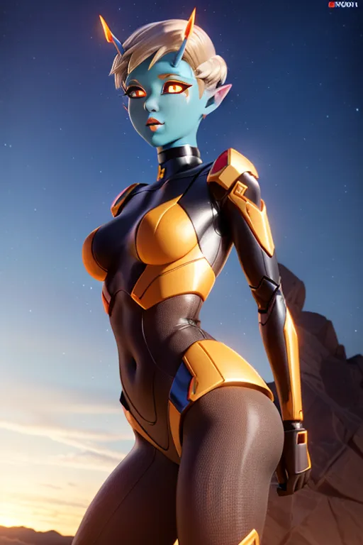 The image shows a blue-skinned woman with yellow eyes and short blonde hair. She is wearing a black and yellow bodysuit with a high collar and a yellow belt. She is also wearing black boots and gloves. She is standing in a rocky canyon with a starry sky in the background.