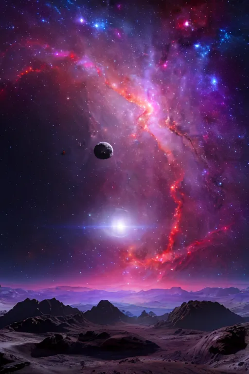 The image shows a beautiful landscape of another planet. There is a large moon in the center of the image, and a bright star in the top left corner. The sky is filled with colorful clouds and stars. The ground is covered with rocks and mountains.