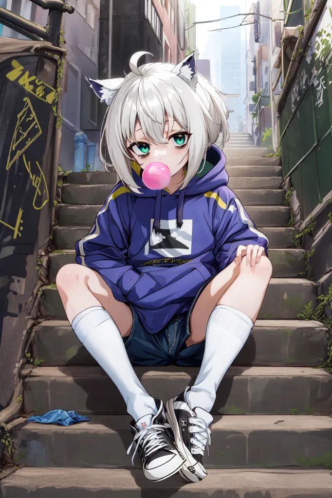 The image is an anime-style drawing of a young woman with cat ears and a hoodie. She is sitting on the steps of a building, with her legs crossed and her right hand holding her left foot. Her left hand is holding a pink bubble gum bubble. She is wearing a purple hoodie, blue shorts, and white socks with black sneakers. Her hair is white and her eyes are green. The background is a city street with buildings and graffiti on the walls.