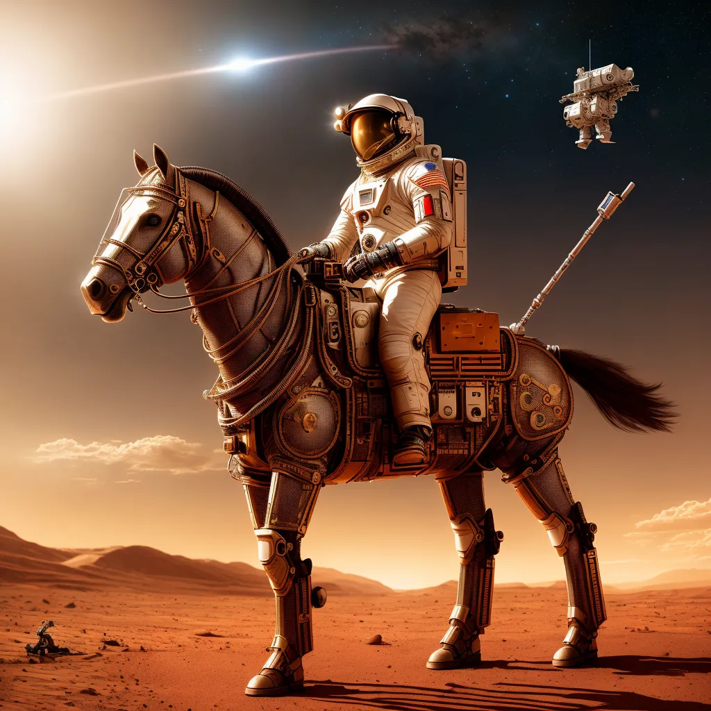 Ceci est une image d'un astronaute chevauchant un cheval sur Mars. L'astronaute porte une combinaison spatiale et un casque avec une visière. Le cheval est fait de métal. Il y a un vaisseau spatial en arrière-plan. Le sol est recouvert de sable rouge. Il y a des nuages dans le ciel. Il y a une étoile filante dans le ciel.