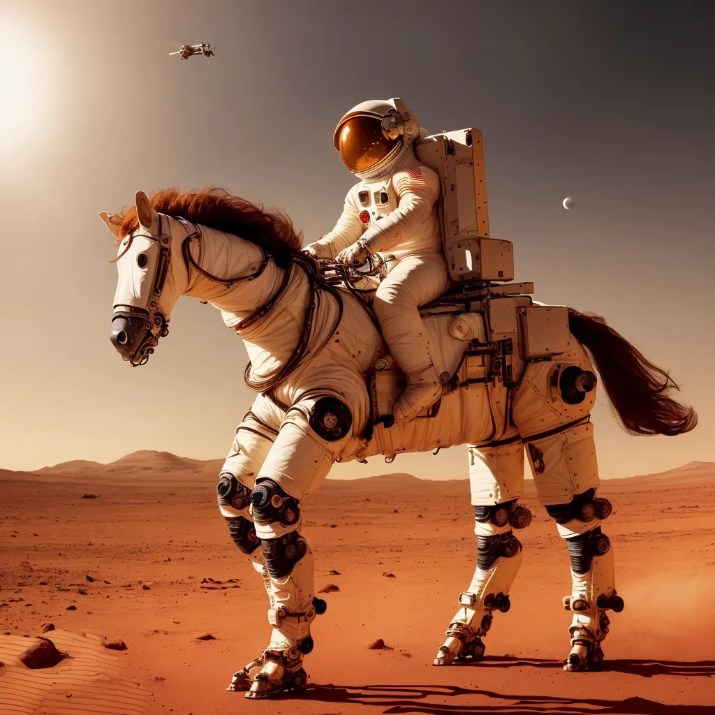 Ceci est une image d'un astronaute chevauchant un cheval sur Mars. L'astronaute porte une combinaison spatiale blanche et un casque avec une visière. Le cheval porte également une combinaison spatiale blanche. L'arrière-plan est un paysage désertique avec une lune dans le ciel.