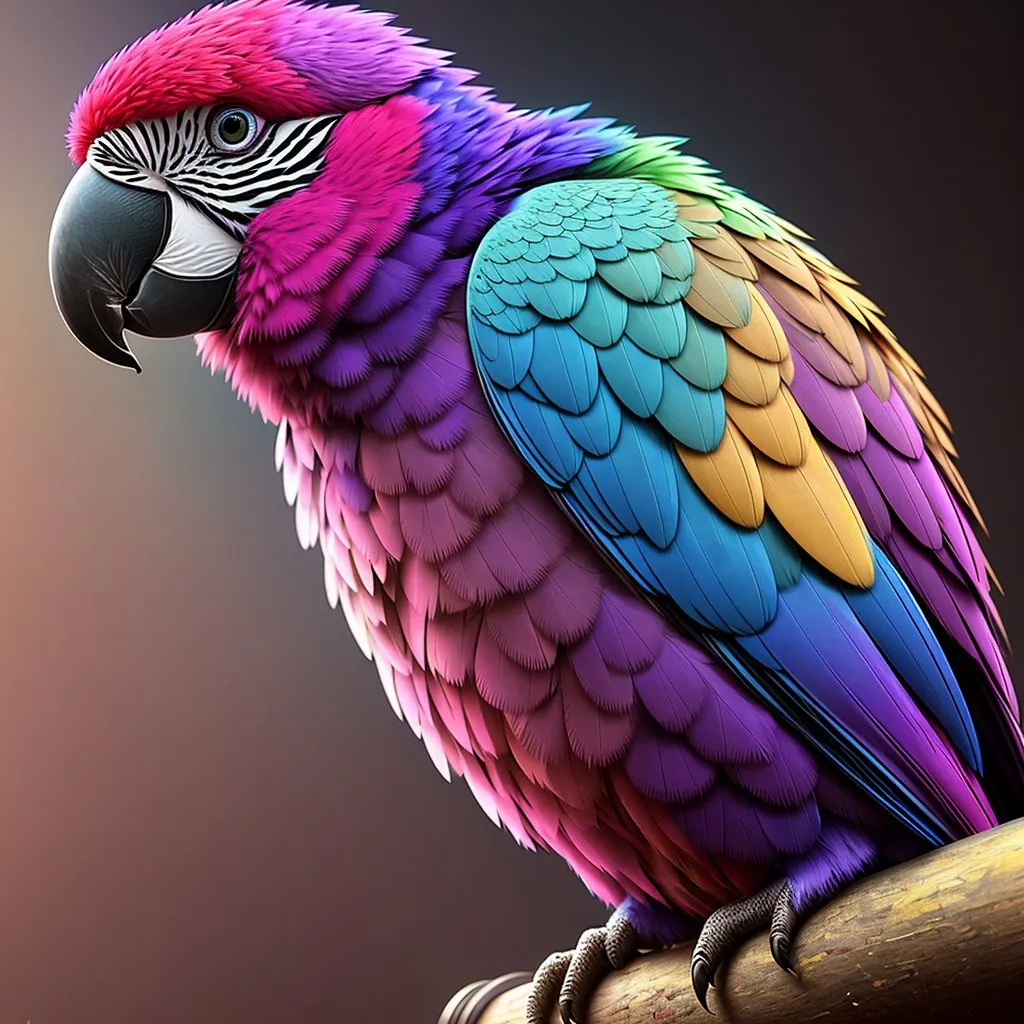 The image shows a parrot with vibrant feathers. The feathers on its head are primarily a bright shade of pink, while the feathers on its body are a mix of blue, green, yellow, and purple. The tips of the feathers on its wings are yellow. The parrot is perched on a branch, and its beak is open.