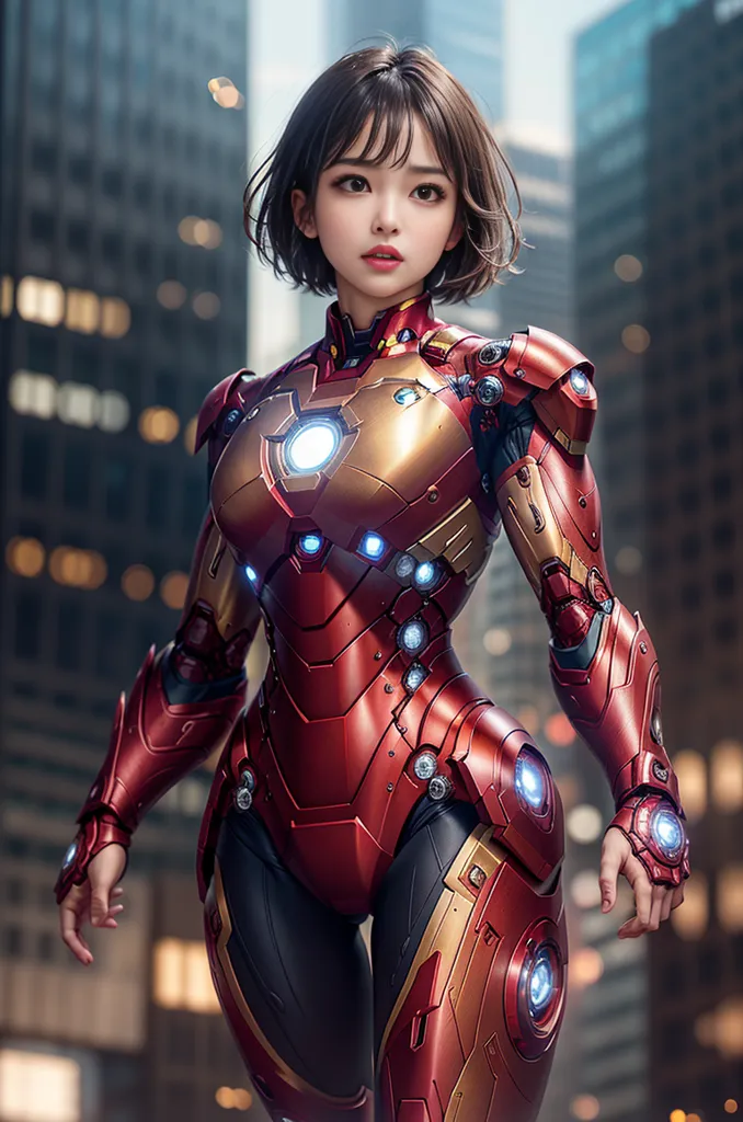 The image shows a young woman with short brown hair wearing a red and gold Iron Man suit. The suit is made of metal and has a glowing blue arc reactor on the chest. The woman is standing in a city and is looking at the camera.