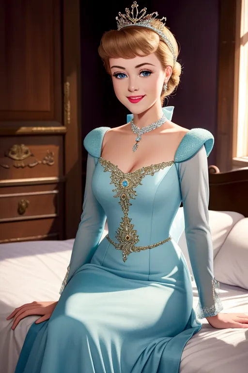 The picture shows a young woman with long blond hair and blue eyes. She is wearing a light blue dress with a sweetheart neckline and a fitted bodice. The dress is embellished with gold and silver thread, and there is a large bow at the back of the waist. The woman is also wearing a diamond necklace and a tiara. She is sitting on a bed, and there is a large mirror behind her. The woman is smiling, and she looks very happy.