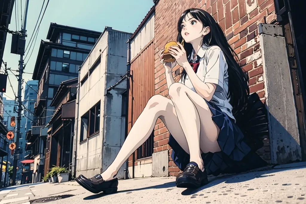 The image is a painting of a young woman sitting on a sidewalk curb eating a hamburger. She is wearing a school uniform consisting of a white shirt, blue pleated skirt, and black loafers. The background is a busy street with buildings and people walking. The painting is done in a realistic style and the colors are vibrant and lifelike.