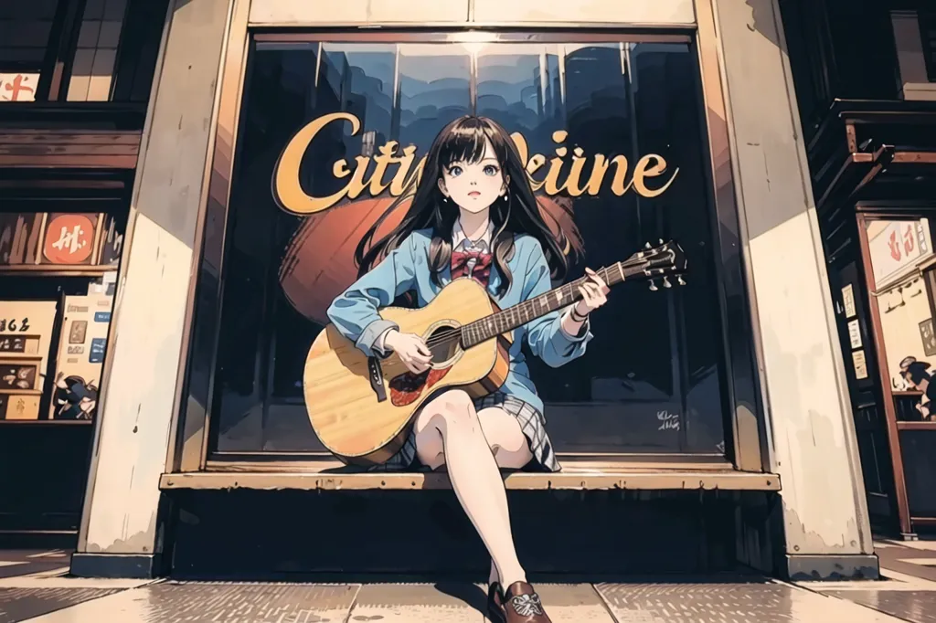 The image is of a young woman sitting on a ledge in front of a glass door. She is playing an acoustic guitar and singing. The woman is wearing a blue sweater, a white shirt, a gray skirt, and brown shoes. She has long brown hair and brown eyes. The background of the image is a city street with buildings and people walking around.