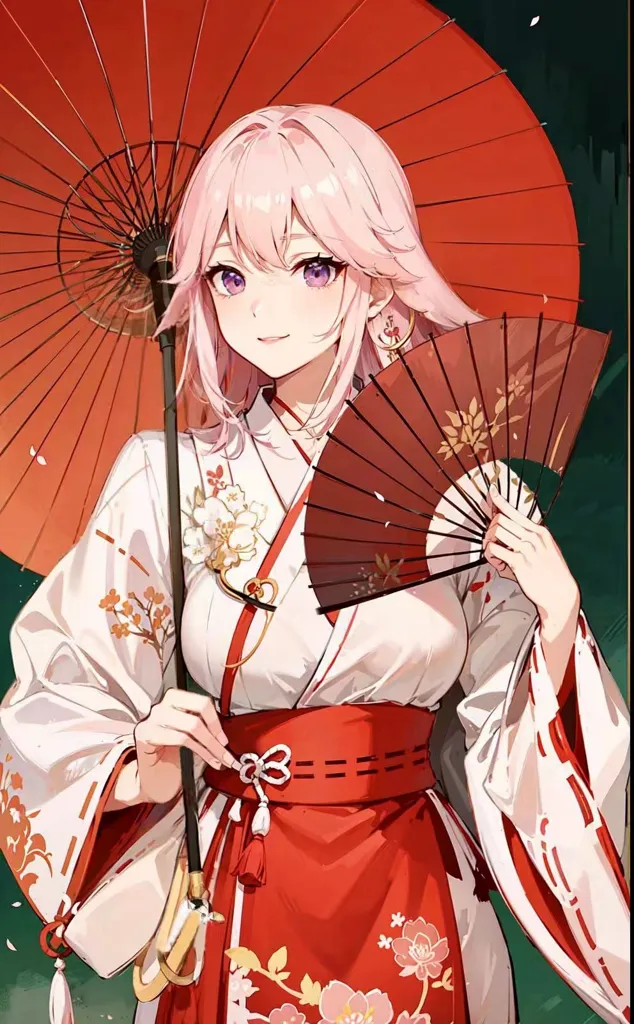 The image is of a young woman, likely in her late teens or early twenties, dressed in a kimono. The kimono is white with red and pink floral designs and a red obi sash tied around her waist. The woman has long pink hair, purple eyes, and is holding a red and white fan in her right hand and a black umbrella in her left hand. She is standing in front of a dark green background with a gradient to white at the top.