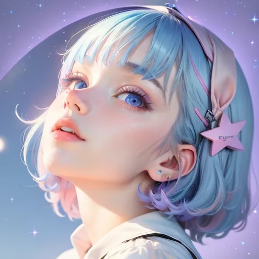 The image is a portrait of a young woman with short blue hair. The woman's eyes are blue and her skin is fair. She is wearing a light pink shirt and a blue hat with a star on it. The background of the image is a starry night sky.