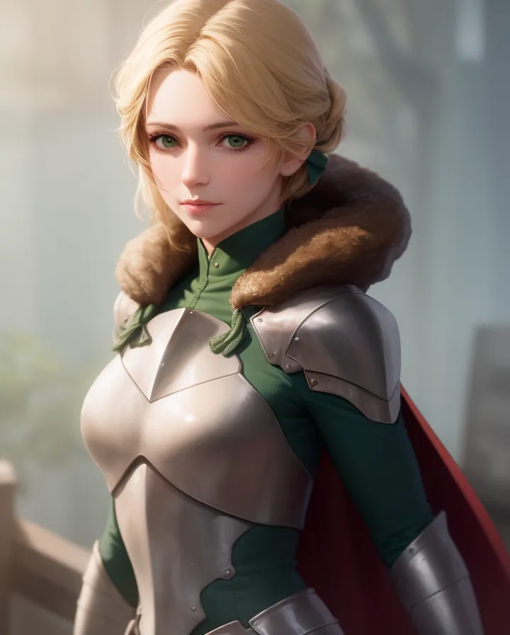 The image is of a beautiful young woman with long blonde hair and green eyes. She is wearing a green dress with a white camisole and a brown fur-lined cape. Over the dress, she wears silver armor. She is standing in a confident pose, with her left hand on her hip and her right hand holding a sword. In the background, there is a castle.