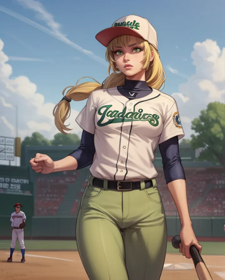 The image shows a young woman wearing a baseball cap, jersey, and pants. The cap is white with a green brim and has the word "Capsule" on the front. The jersey is white with green sleeves and has the word "Jadair's" on the front. The pants are green. She is holding a baseball bat in her right hand. She is standing on a baseball field. There is a baseball diamond in the background.