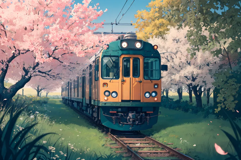 The image shows a train in a rural area. The train is green and yellow. There are cherry blossom trees on both sides of the tracks. The trees are in bloom and the petals are falling. The ground is covered in grass and flowers. The sky is blue and there are some clouds in the distance. There is a mountain in the distance. The image is peaceful and relaxing.