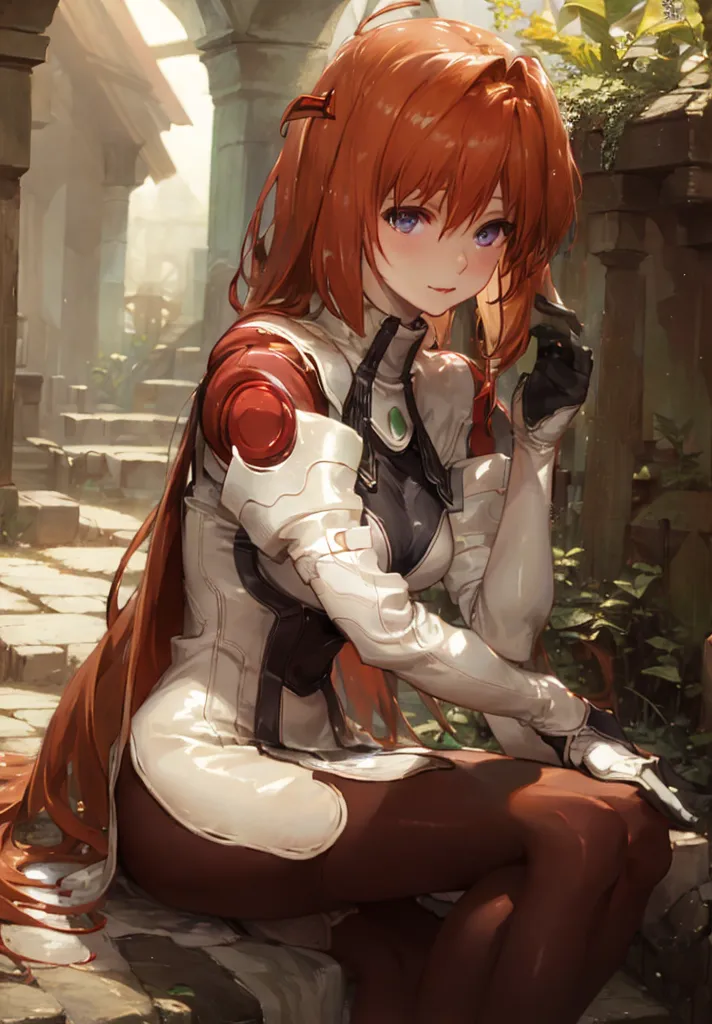 The image is an anime-style drawing of a young woman with long red hair and purple eyes. She is wearing a white and red bodysuit with a high collar and a pair of brown gloves. She is sitting on a stone step in a ruined city. There are plants growing in the cracks of the stones. The background is a blur of green and brown.