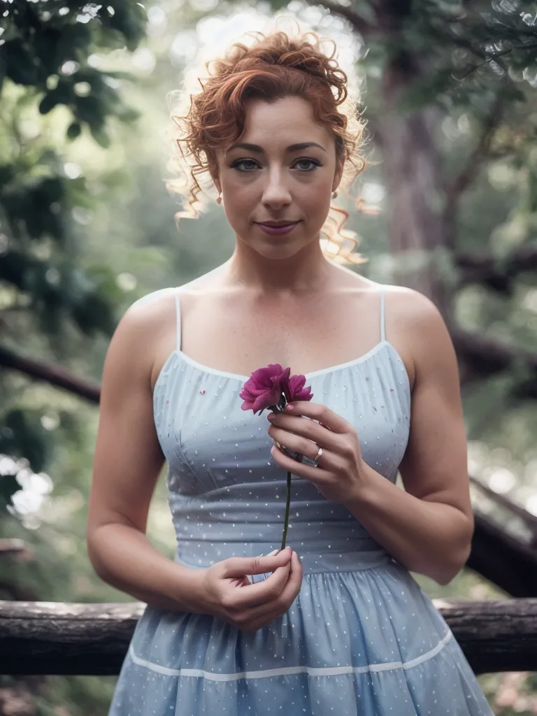 The image shows a woman with curly red hair and green eyes. She is wearing a blue dress with white polka dots and is holding a purple flower. She is standing in a forest and there are trees and leaves in the background. The woman is looking at the camera with a serious expression.