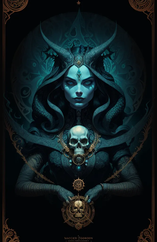 The image is a dark portrait of a woman with long black hair, blue eyes, and a skull necklace. She is wearing a black dress with a white collar and has a gold crown on her head. She is surrounded by a dark blue background with a skull in the center.