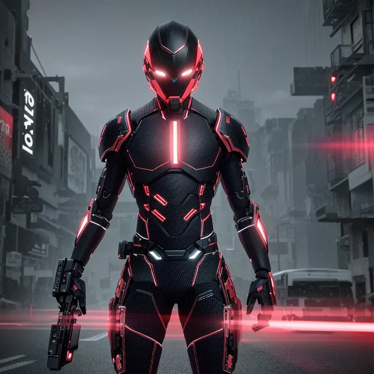 La imagen muestra a un hombre vestido con un traje de armadura futurista negro y rojo. La armadura tiene luces rojas brillando en el pecho, los brazos y el casco. El hombre está de pie en una ciudad, con grandes edificios y rascacielos en el fondo. También hay luces rojas brillando en la ciudad. El hombre está sosteniendo una pistola en cada mano. Las pistolas también son negras y rojas y tienen luces rojas brillando en ellas. El hombre mira a la cámara con una expresión seria en su rostro.