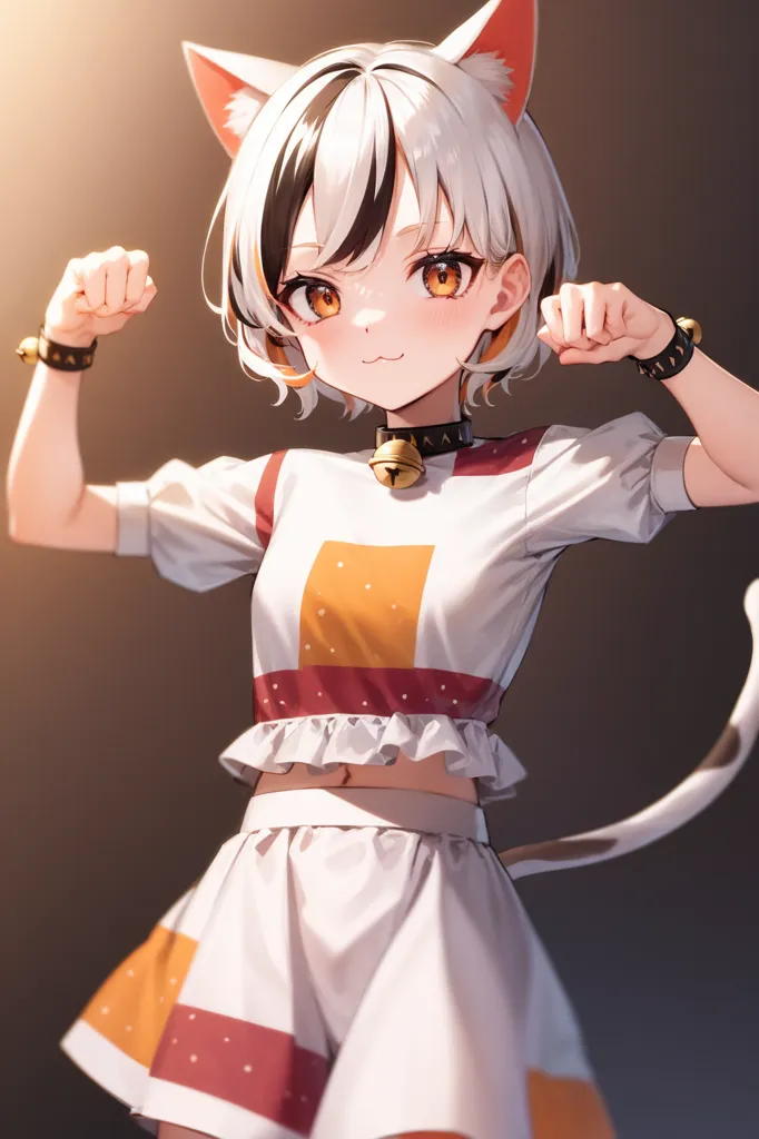 The image is of a young girl with cat ears and a cat tail. She is wearing a white and orange outfit with a red collar and bell. She has her arms in the air and looks excited. She has short white and orange hair and orange eyes.