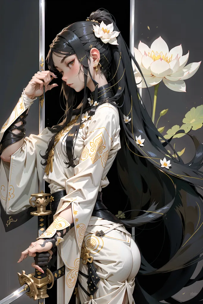 The image is a portrait of a beautiful young woman with long black hair and brown eyes. She is wearing a white kimono with a white and gold obi and a white hakama. She is also wearing a pair of white tabi socks and a pair of zori sandals. She is holding a katana in her right hand and a lotus flower in her left hand. She has a serious expression on her face. The background is a dark grey.