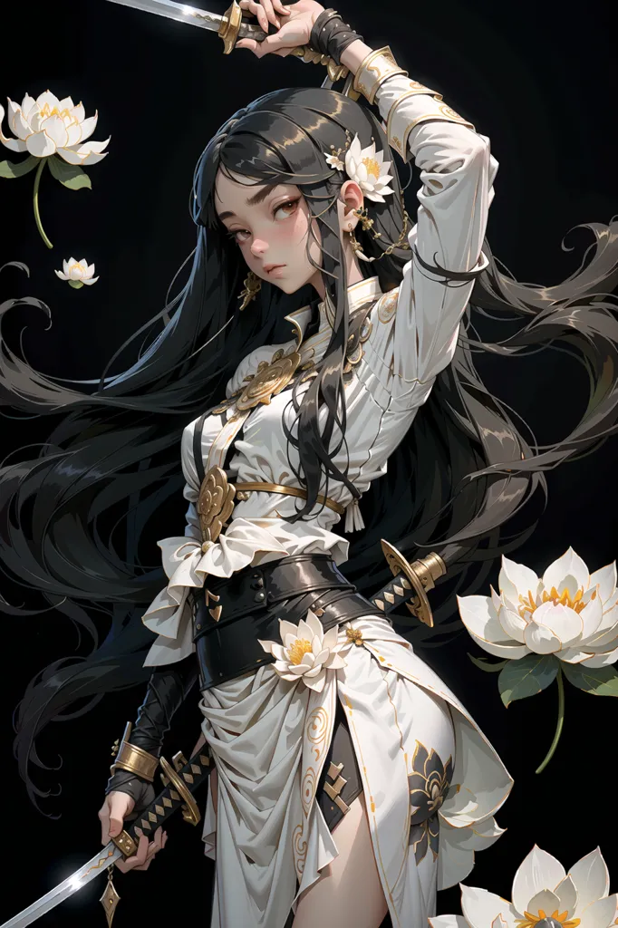 The picture shows a beautiful young woman in a white and gold outfit. She has long black hair and brown eyes. She is holding a sword in her right hand and there is another sword on her left hip. She is standing in front of a black background with white and yellow flowers.