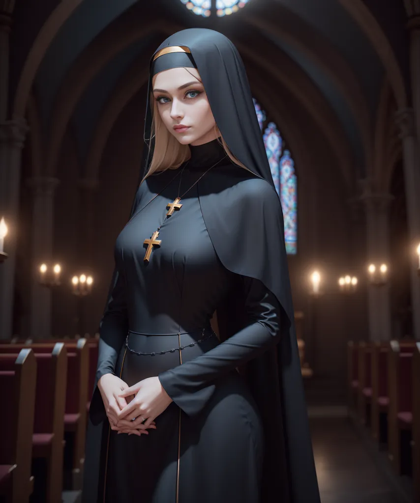 The image shows a young woman dressed as a nun. She is wearing a black habit with a white veil. The habit is trimmed with gold. She is standing in a church. There are candles burning in the background. The woman is looking at the viewer with a serene expression.