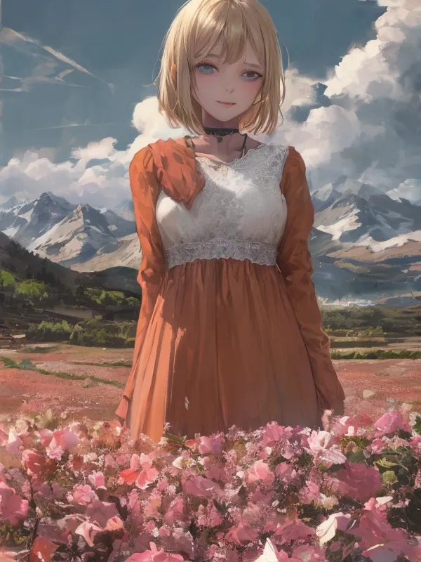 Esta es una imagen de una hermosa chica de anime con cabello rubio corto y ojos azules. Ella está usando una blusa blanca y un vestido naranja con un cuello de encaje blanco. Ella está de pie en un campo de flores rosas y hay montañas a lo lejos. El cielo es azul y hay nubes blancas.