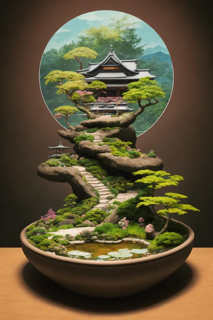 Gambar ini menunjukkan pohon bonsai dalam pot. Pohon itu berbentuk seperti gunung, dengan kuil kecil di bagian atas. Kuil itu dikelilingi oleh pohon-pohon dan semak-semak, dan ada jalan yang menuju ke atasnya. Pohon bonsai itu diletakkan di atas meja kayu, dan ada jendela bulat di latar belakang.