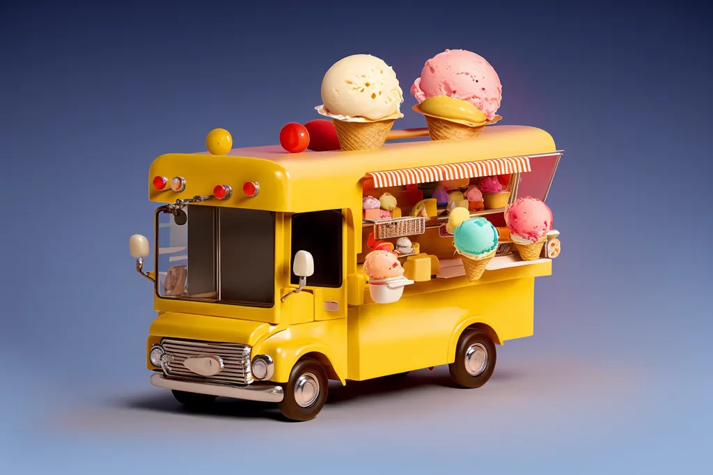 A yellow ice cream truck is shown in the picture. The truck has a picture of an ice cream cone on the side and the words "Ice Cream" written on the top. The truck is also decorated with red and white striped awnings and has a variety of ice cream flavors available. There are three ice cream cones on the roof of the truck. Two of the ice cream cones have pink ice cream and one has white ice cream.