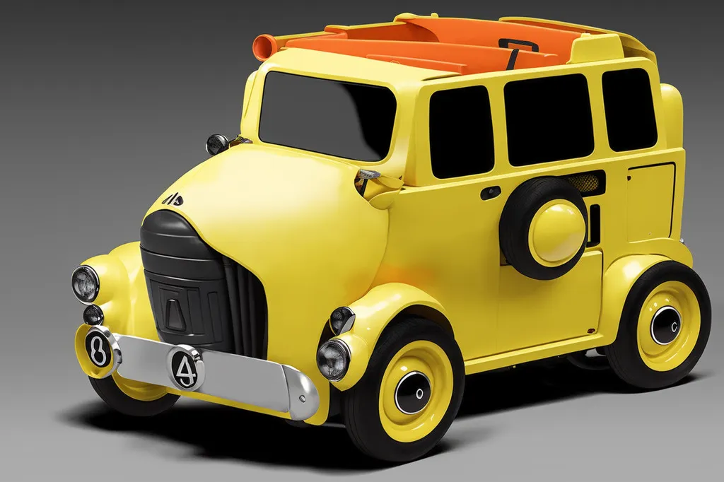 The image shows a yellow cartoon car. It has a smiley face on the front with two headlights and a small grille. The car has a large windshield and a black roof. There are two doors on the side and a spare tire on the back. The car is sitting on a gray surface.