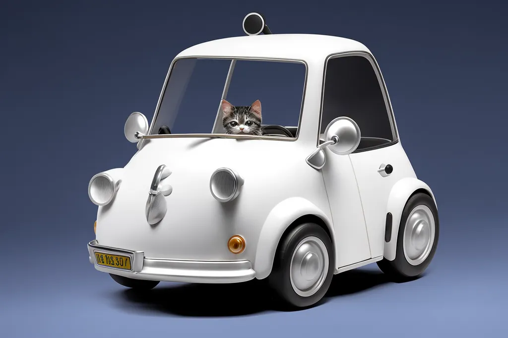 This is a white cartoon car with a kitten sitting in the driver's seat. The kitten is gray and white with black stripes on its face. The car has a round headlight and a small siren on the roof. The car is also has a license plate that says \